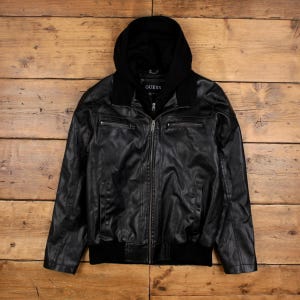 Vintage Guess Faux Leather Jacket M Hooded Black