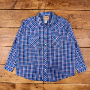 Vintage Wrangler Western Shirt Snap 2XL 80s Mens Long Sleeve Blue Check