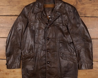 70s Vtg Brown Leather Zip up Collared Jacket Straight Cut Coat