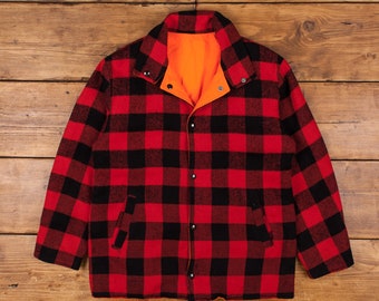 Vintage Wool Jacket L 80s Hunting Distressed Check Red Snap