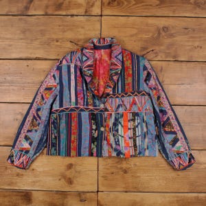 Vintage Patchwork Jacket L Womens Blue Cotton Blend Lined Boho Art Hippie
