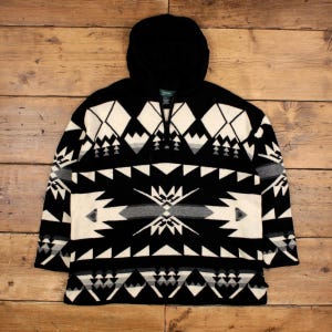 Vintage Ralph Lauren 1/4 Zip Hooded Jumper Sweater L 90s 1/4 Zip Geometric