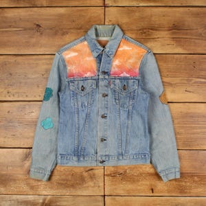 Vintage Levi&#39;s Denim Jacket S 80s Hand Painted Trucker Blue Womens