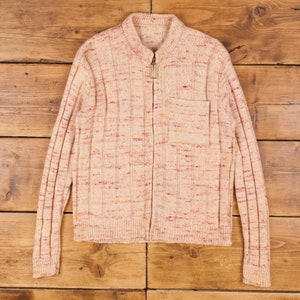 Vintage Full Zip Jumper Sweater L 70s Ribbed Nepped Womens Zip Roundneck Pink