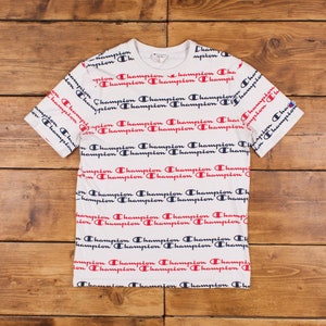 Vintage Champion All Over Print T Shirt Large Script Logo White Tee