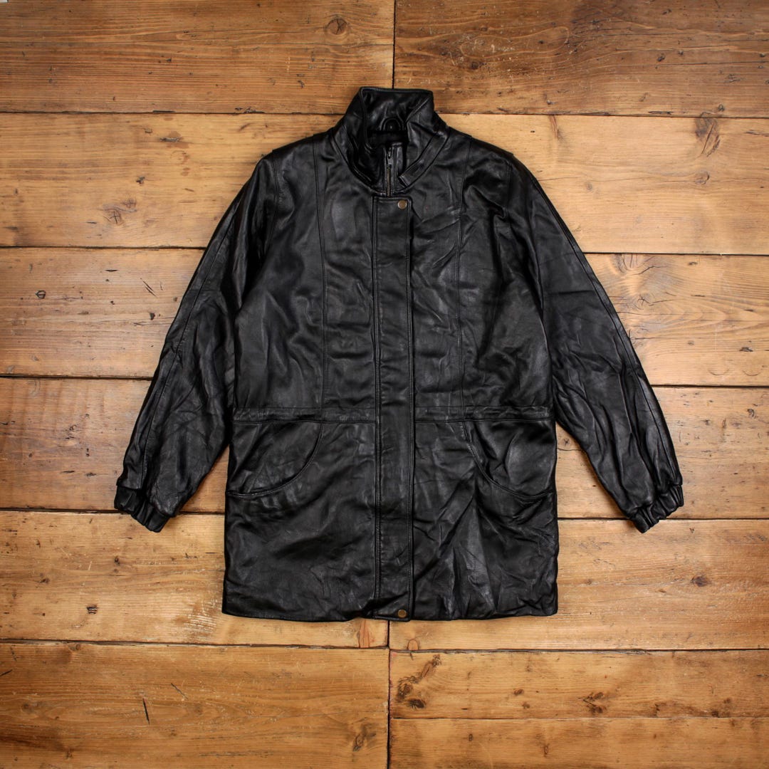 90s vintage short leather jacket （ S ） Vintage Izzi Leather Jacket S 90s Short Trench Black Womens