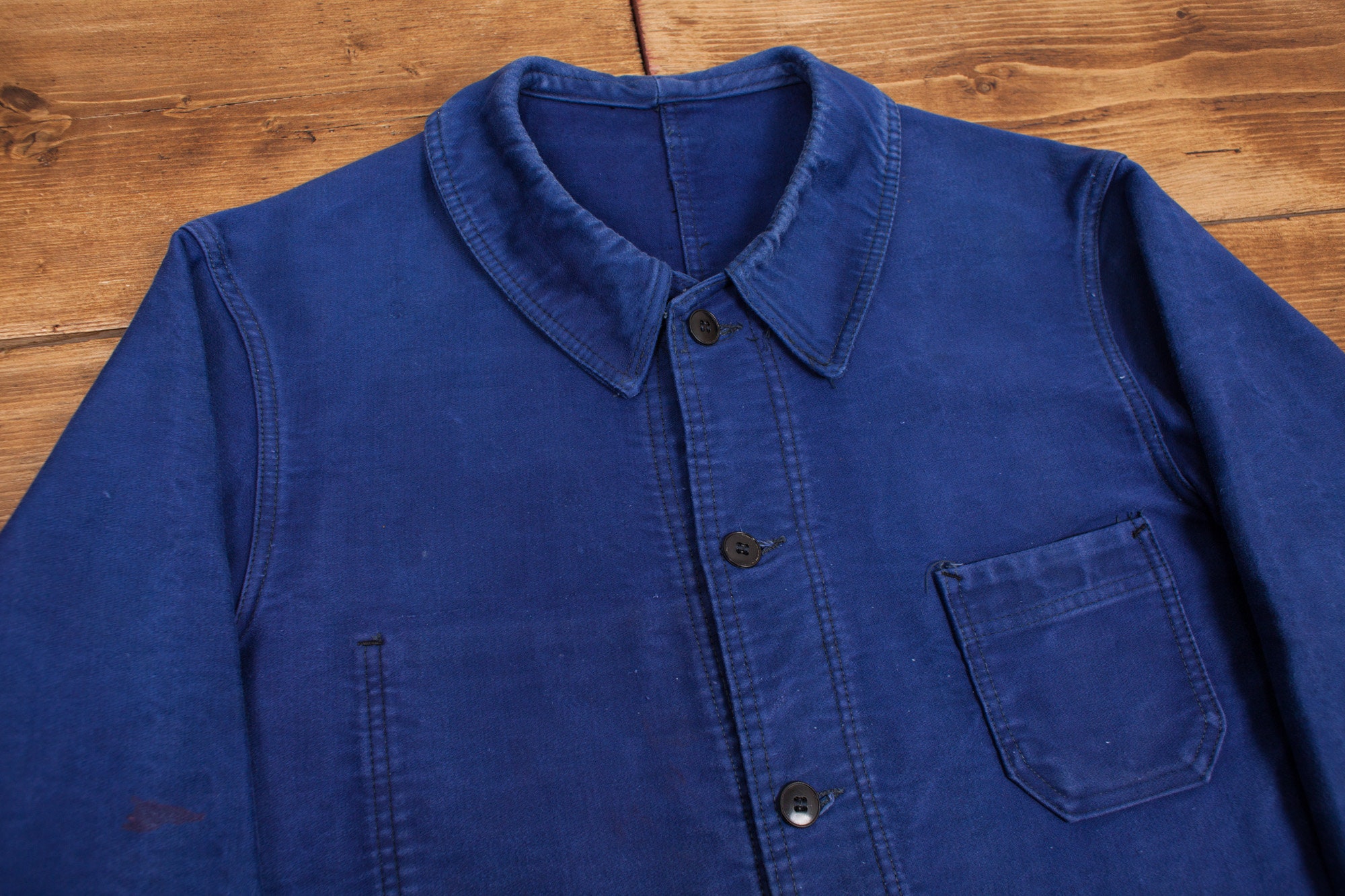 Vintage French Workwear Jacket M Moleskin 50s Chore Utility Blue Vintage French Workwear Jacket M Moleskin 50s Chore Utility Blue