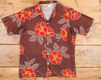 Vintage Montgomery Ward Hawaiian Shirt Button L 70s Hibiscus Mens Short Sleeve