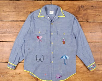 トップス 1970-80s \"BIG MAC\" chambray shirt Vintage 70s 80s Big Mac Chambray Custom Chain Stitch Button