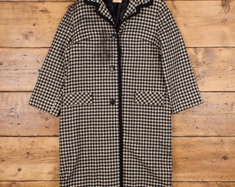 Vintage Wool Jacket M 80s Overcoat Houndstooth Check Black Womens Button