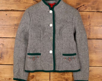 Jaqueta vintage Boos estilo austríaco tamanho P 36 feminina anos 90 cinza com forro de lã estilo tradicional.