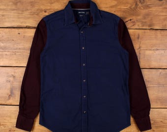 Chemise Nautica Vintage Années 90 - Homme Taille S - Manches Courtes Rayures Bleues - Boutonnage