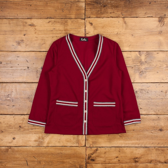Vintage Cardigan M 70s Burgundy Womens Button V-Neck Red