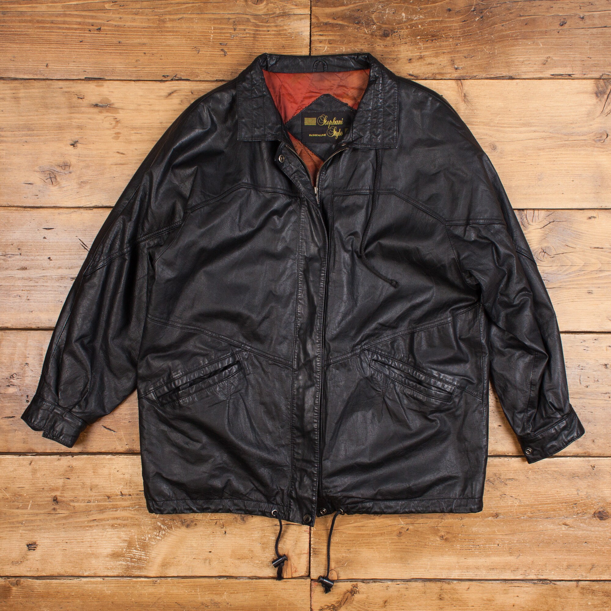Vintage Stephani Style Leather Jacket XL 90s Drawstring