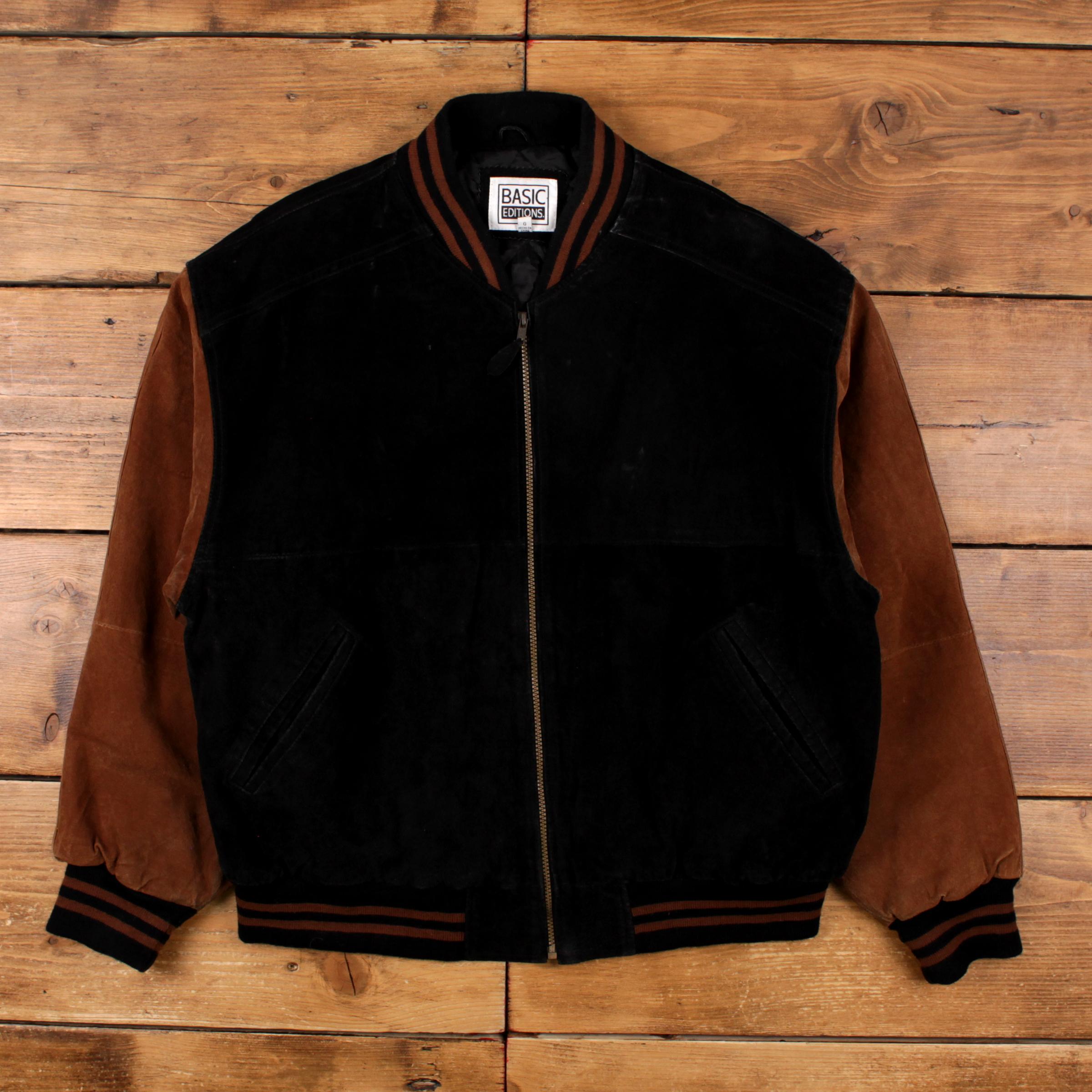 Vintage Basic Editions Leather Jacket L Brown Suede Bomber Black