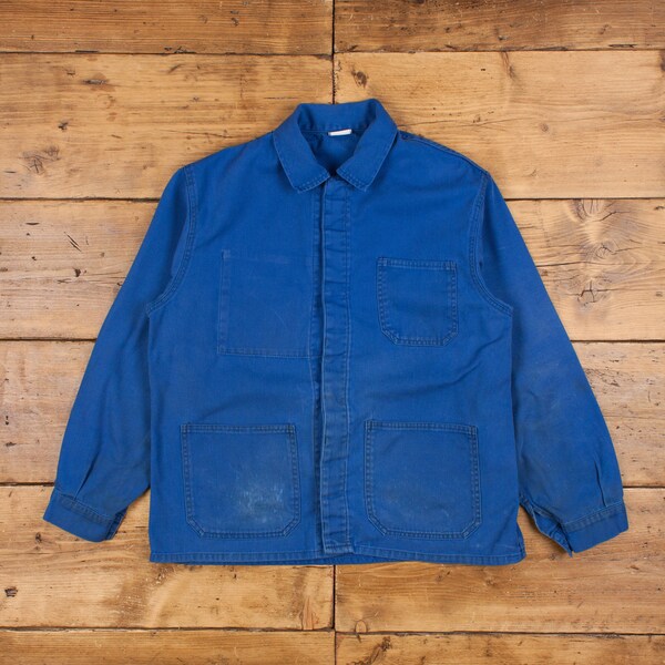 Vintage French Workwear Jacket L Blue Button Chore Utility Cotton