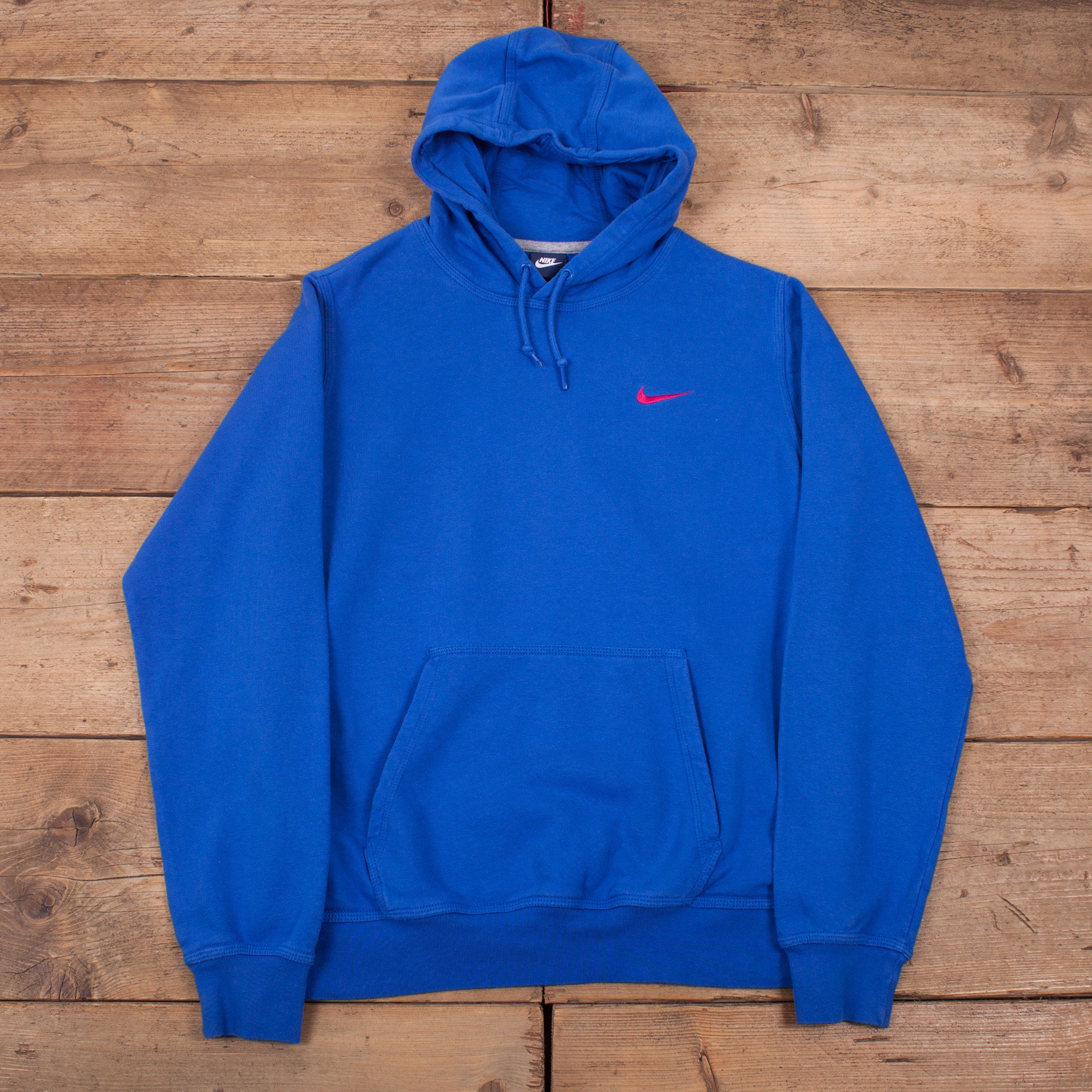 Image of Mens Vintage 00S Nike Blue Small Swoosh Hoodie Sweatshirt L 42" R19190