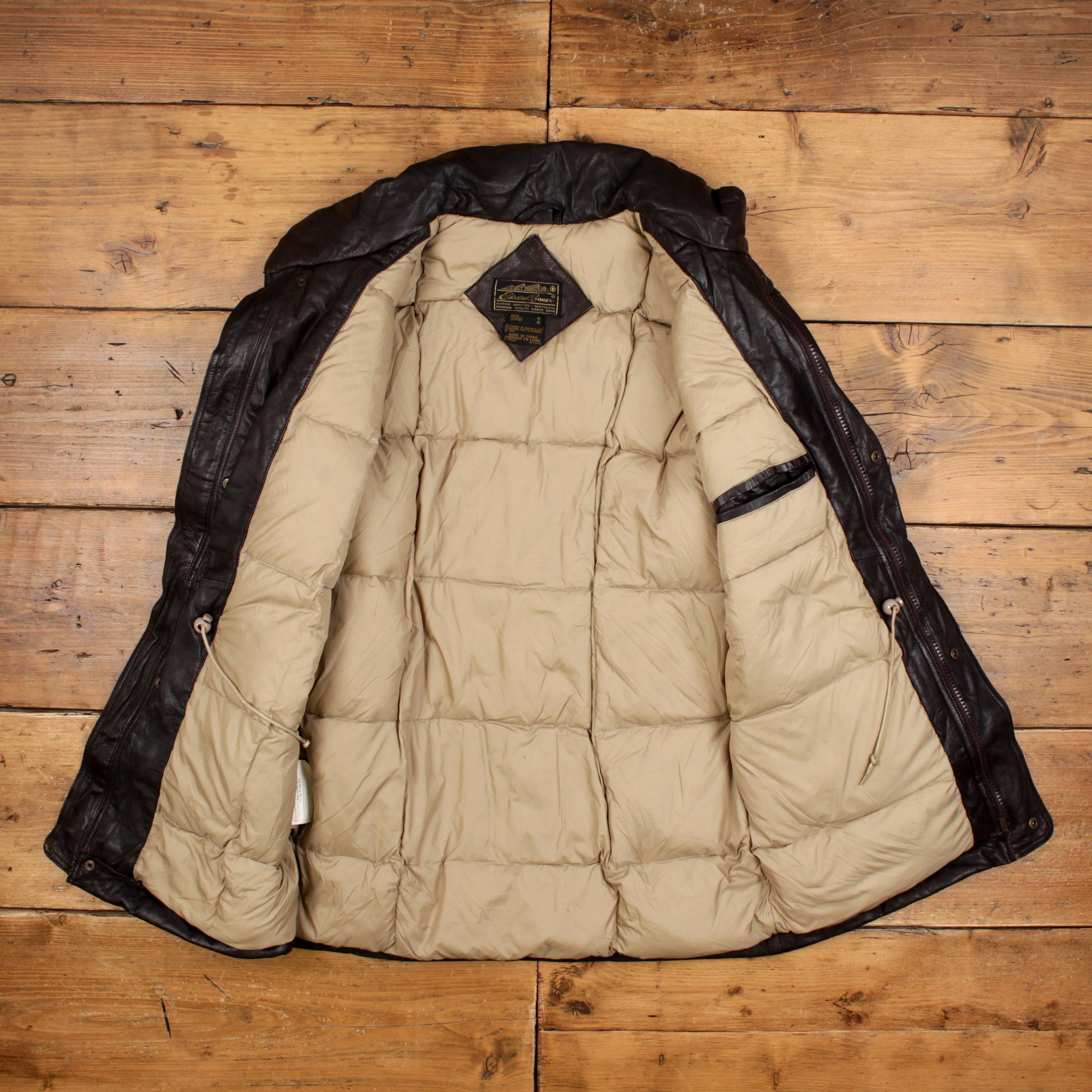 Vintage Eddie Bauer Leather Down Jacket M Mens 80s Brown Dark Full 