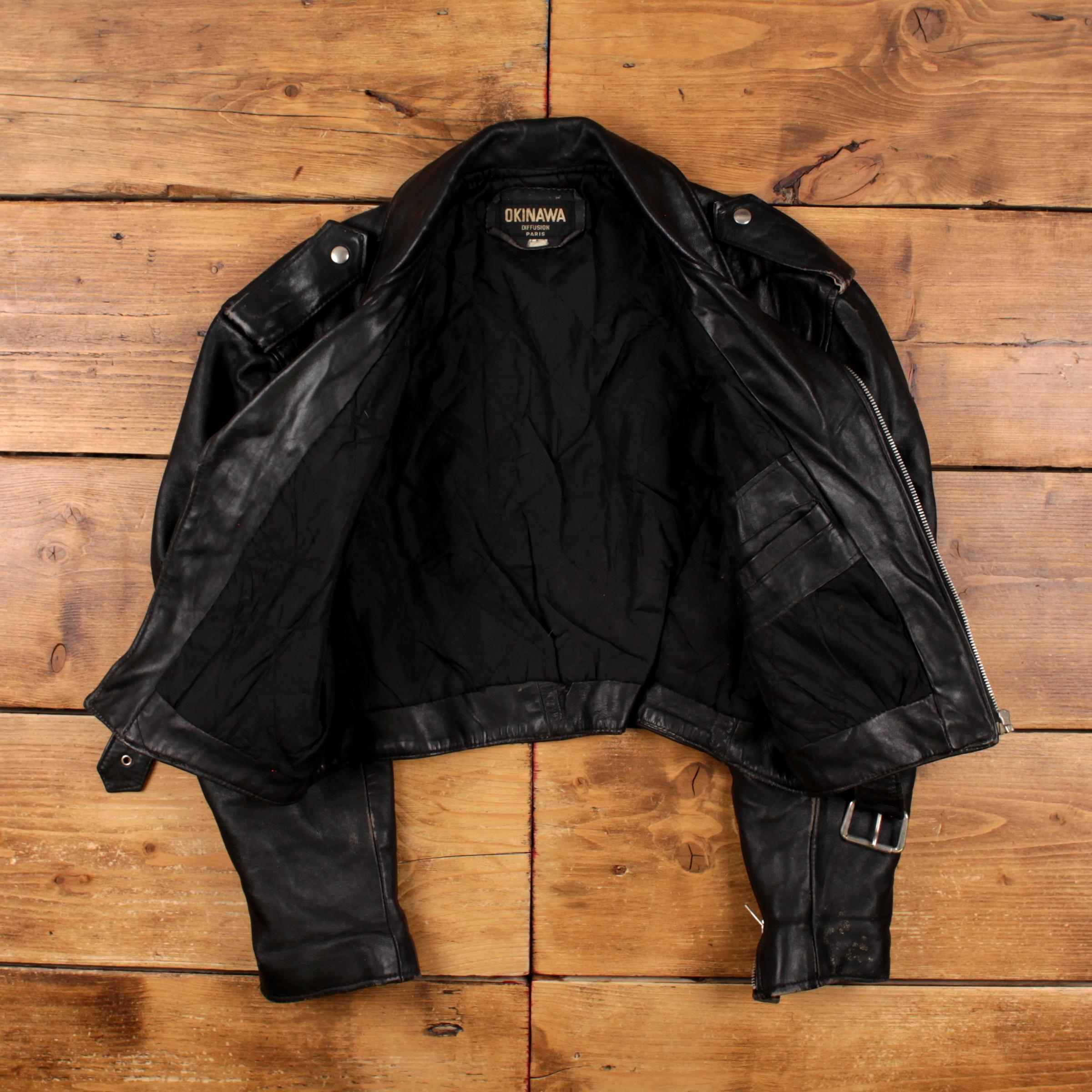 Vintage Okinawa Leather Jacket L 70s Biker Belted Cropped Black