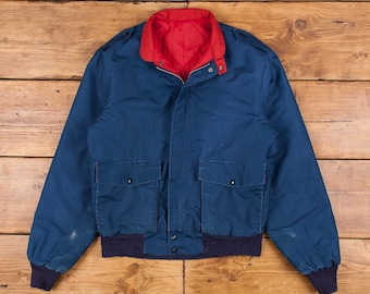 Vintage Bomber Jacket L 80s Windbreaker Quilt Lined USA Made Blue Zip Snap