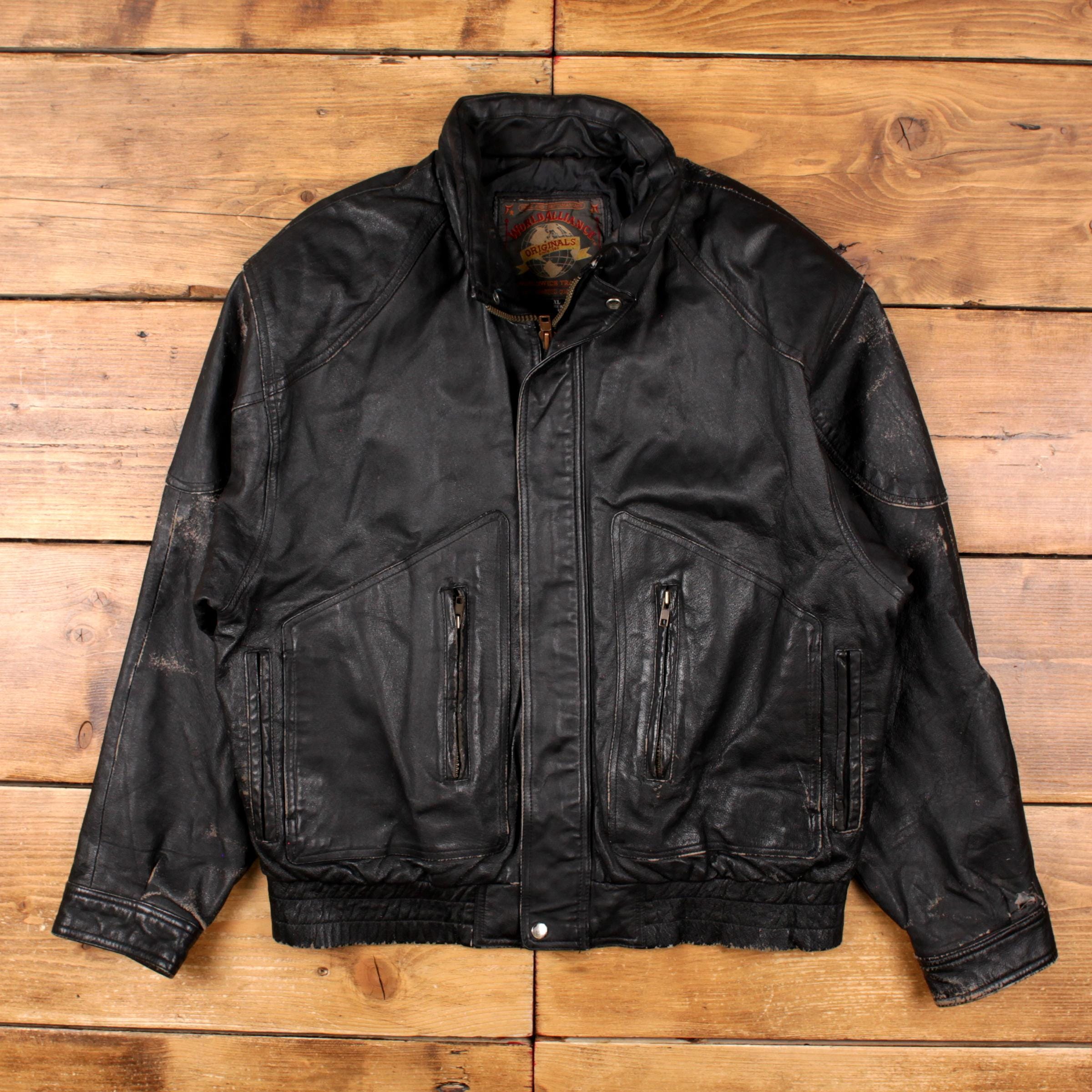 Vintage World Alliance Leather Jacket XL 90s Bomber Black - Etsy