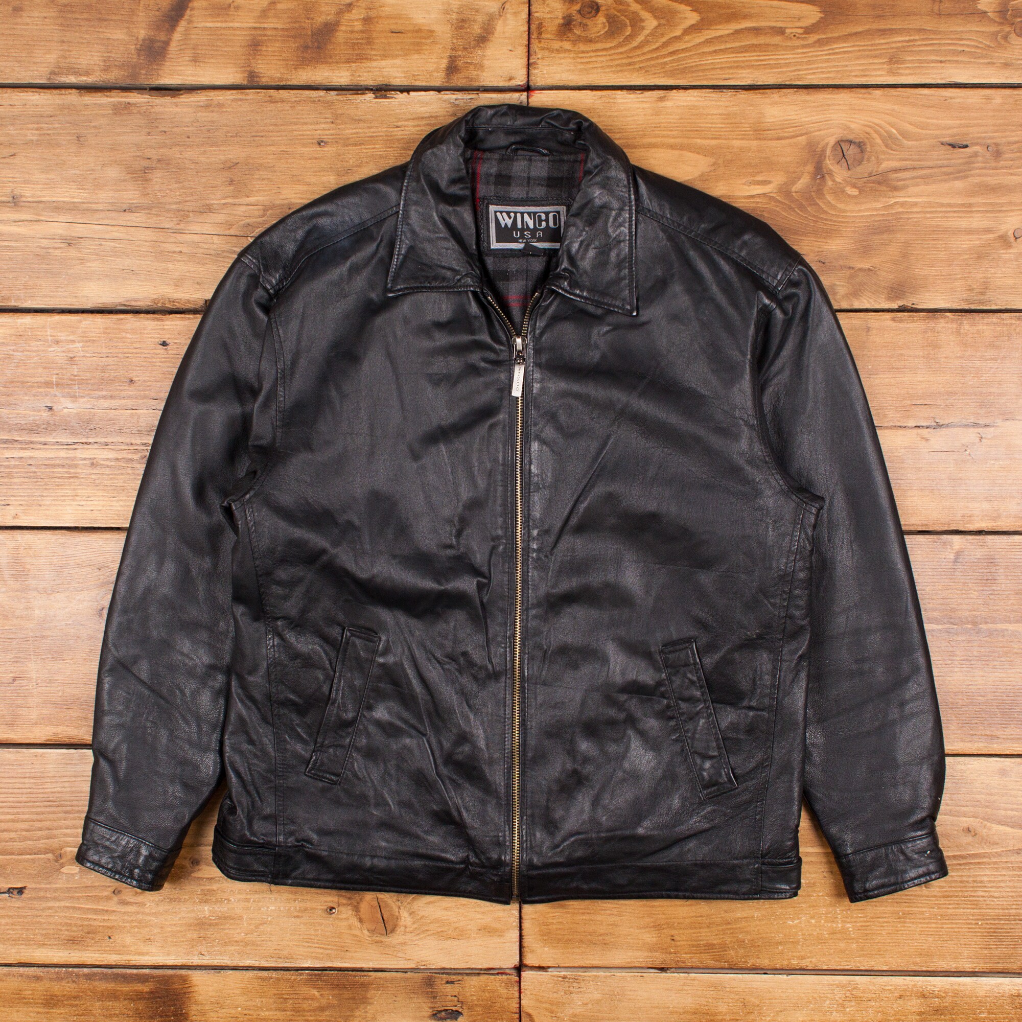 Vintage Winco Leather Jacket L Black Zip Blanket Lined Biker