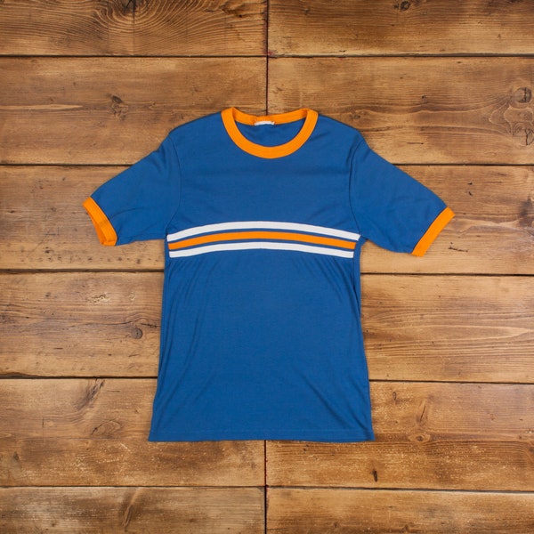 Vintage Single Stitch T Shirt Blank Large 70s Ringer Tennis Wear Blue Tee