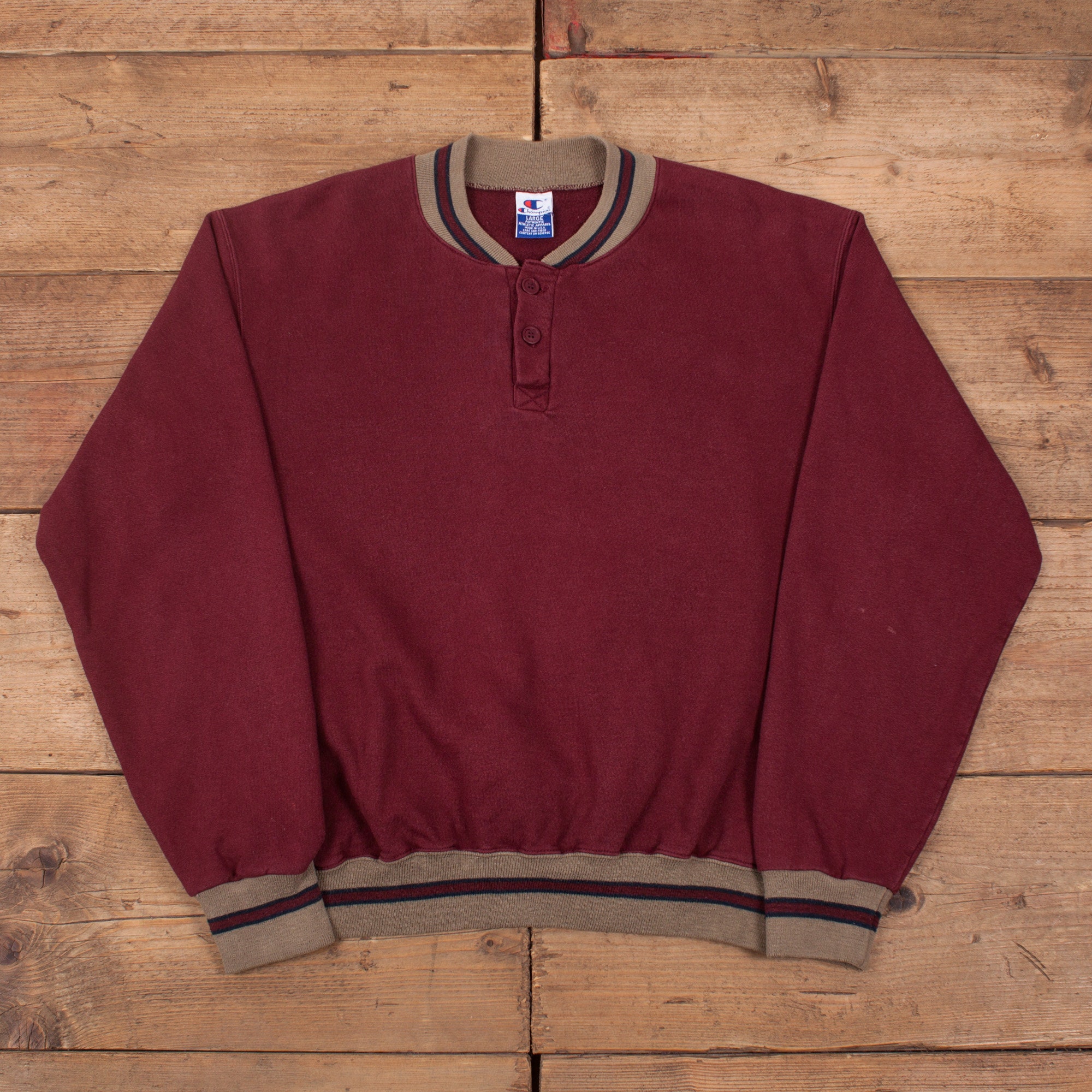 Image of Mens Vintage 90S Champion Red Heavyweight Henley Sweatshirt Usa L 44" R19383