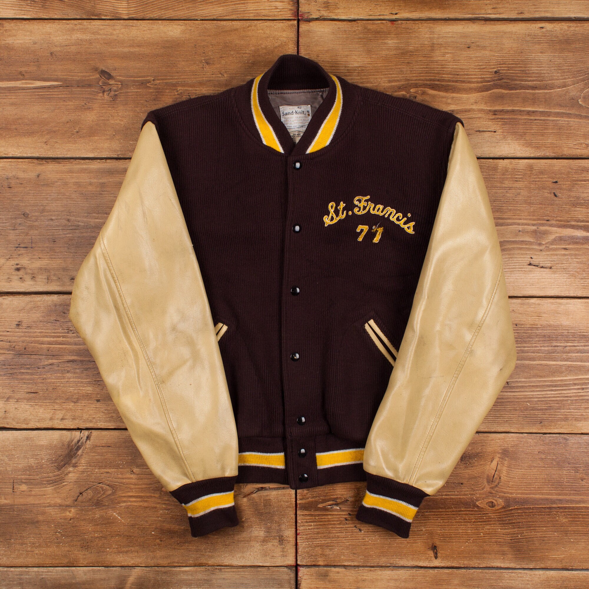 Vintage Sand Knit Varsity Jacket L 70s Wool Leather Bomber 