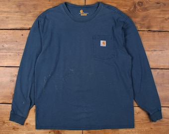 Carhartt T-Shirt L Mens 00s Blue Long Sleeve Thrashed Workwear Original Fit