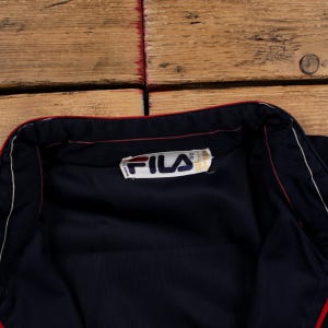 Chaqueta deportiva vintage Fila para mujer, años 90, azul, con raya diplomática y cremallera 1/4 imagen 3