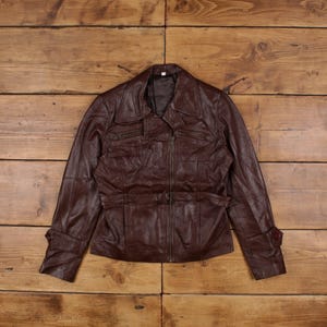 Veste en cuir vintage L 90s zippée avec ceinture marron Femme