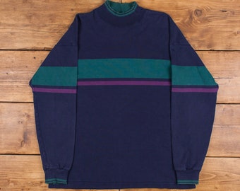 Felpa vintage vuota L. Maglione pullover a collo finto a righe blu realizzato negli Stati Uniti degli anni '80