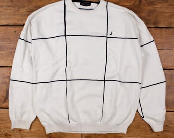 Jersey Nautica XL para hombre, mezcla de algodón, estampado geométrico de cuadrícula, punto blanco.