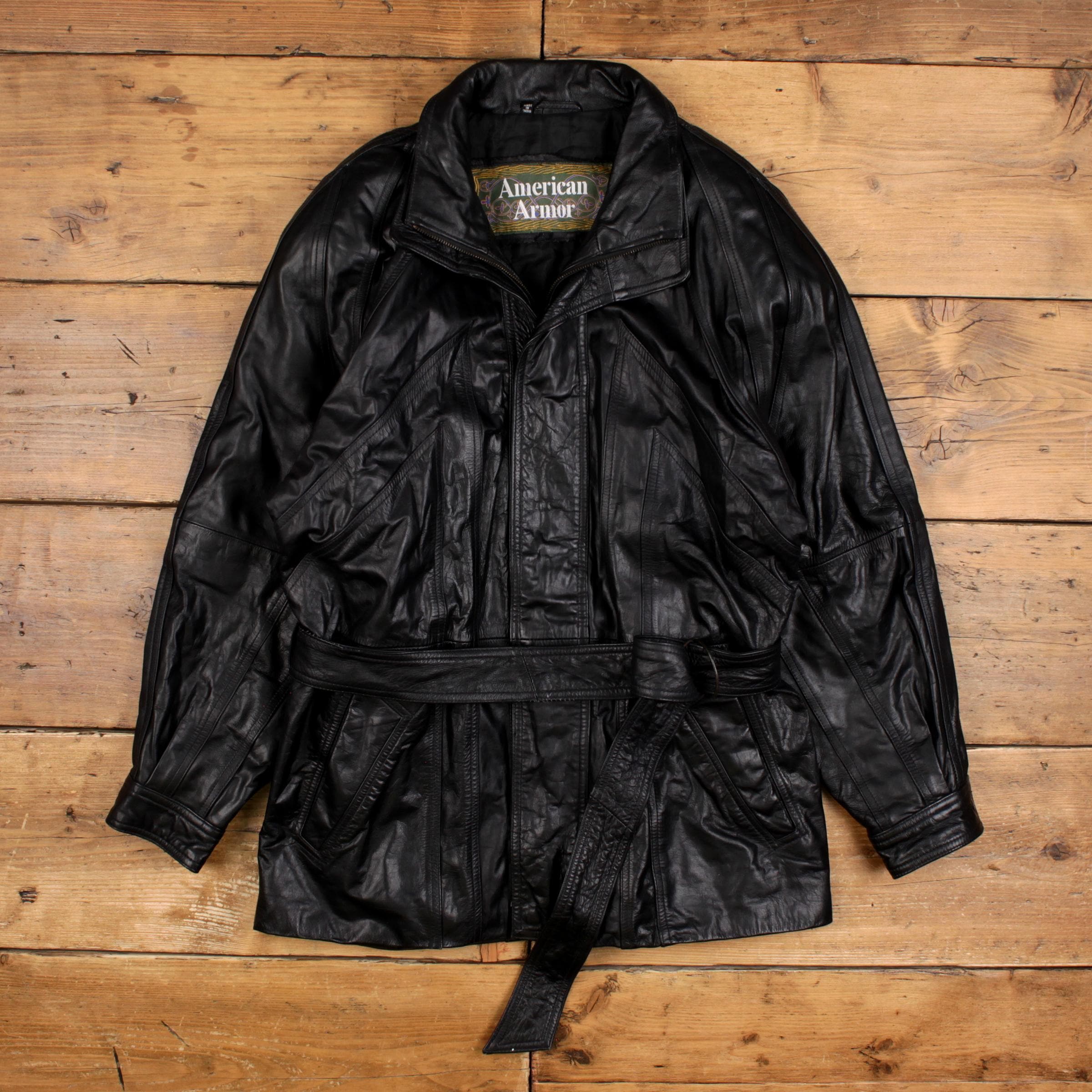 AMERIVINTAGE レザージャケット Vintage American Armor Leather Jacket M 90s Raglan Belted Black - Etsy