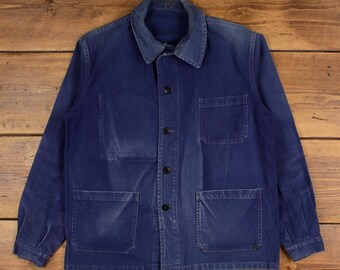 Vintage 1970s Blue French Work Jacket . French Workwear Boro Chore