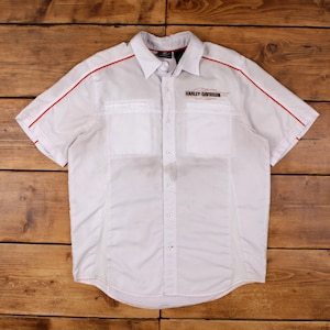 Vintage Harley Davidson Casual Shirt Button L Biker Mens Short Sleeve White