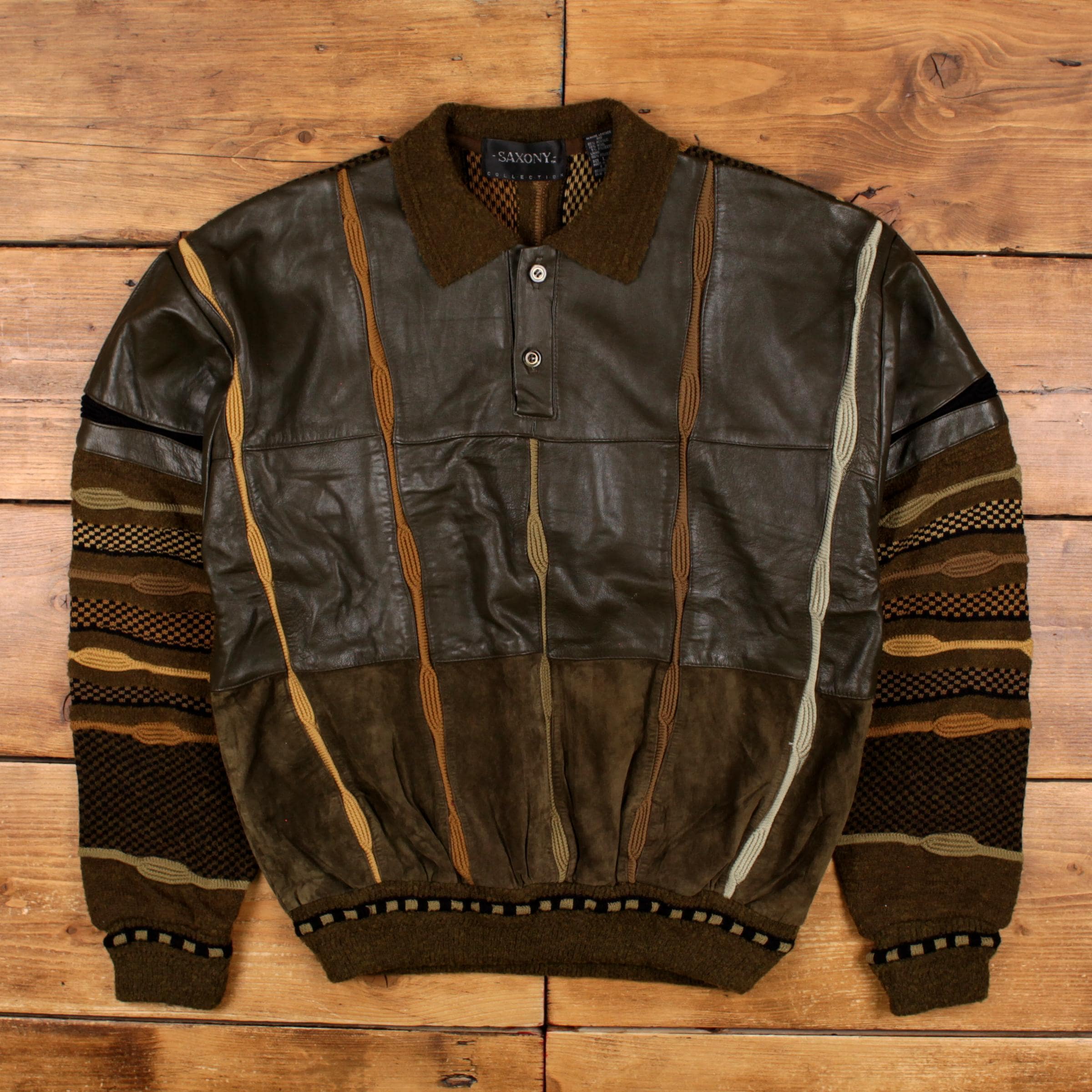 Vintage Saxony Leather Jacket L 80s Knitted Pullover Henley 