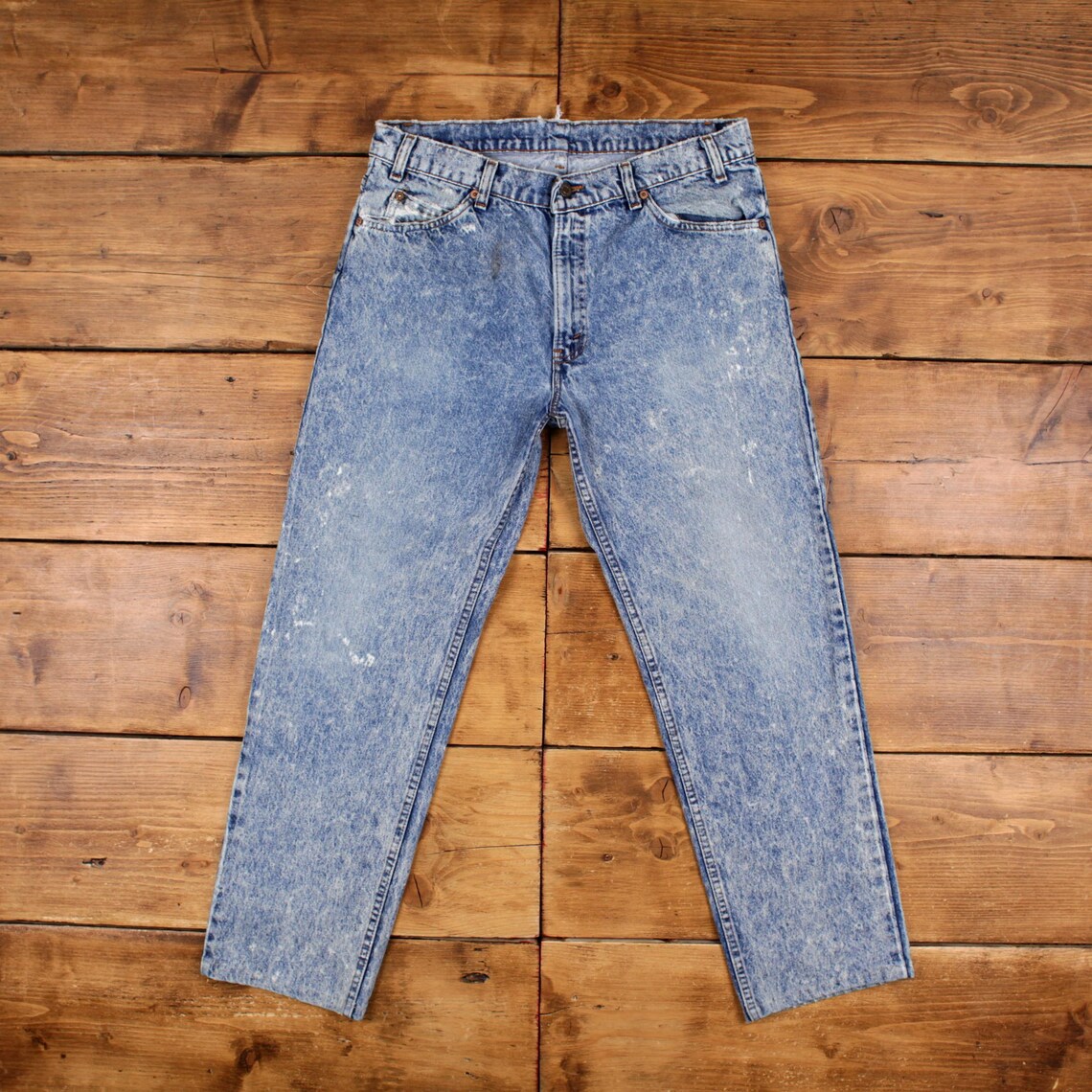 Vintage Levis Jeans 35 x 30 USA Made 90s Acid Wash Straight Blue Orange Tab, foto 1 di 5