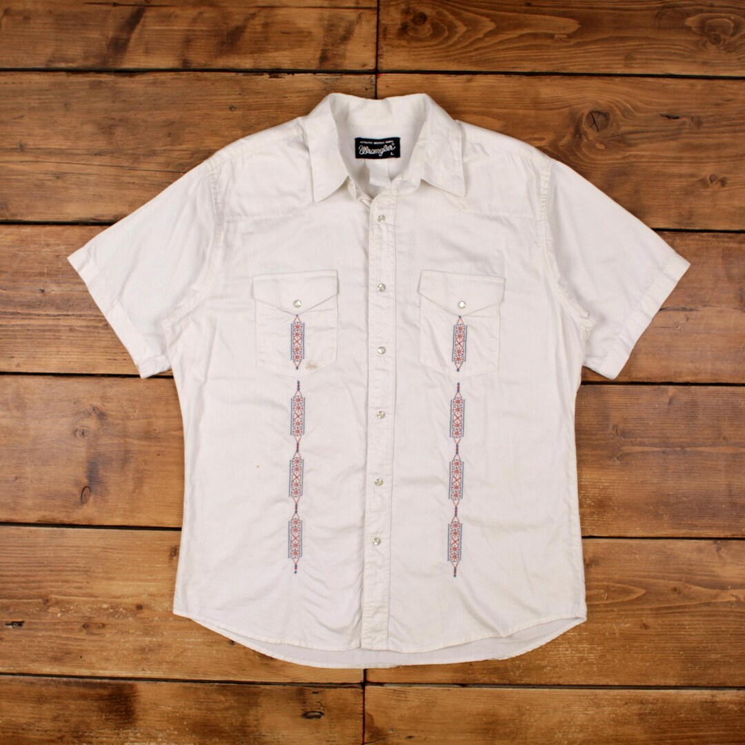 Vintage Wrangler Western Shirt Snap L 90s Embroidered Mens Short
