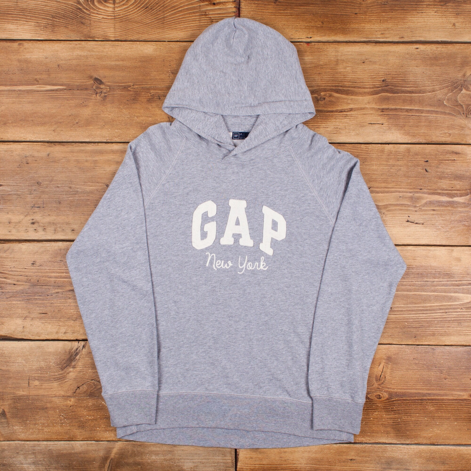 Vintage GAP Arch Logo Hoodie M Y2K New York Spell Out Grey