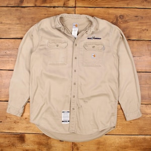 Vintage Carhartt Workwear Shirt Button XL USA Made 90s Embroidered Mens Beige
