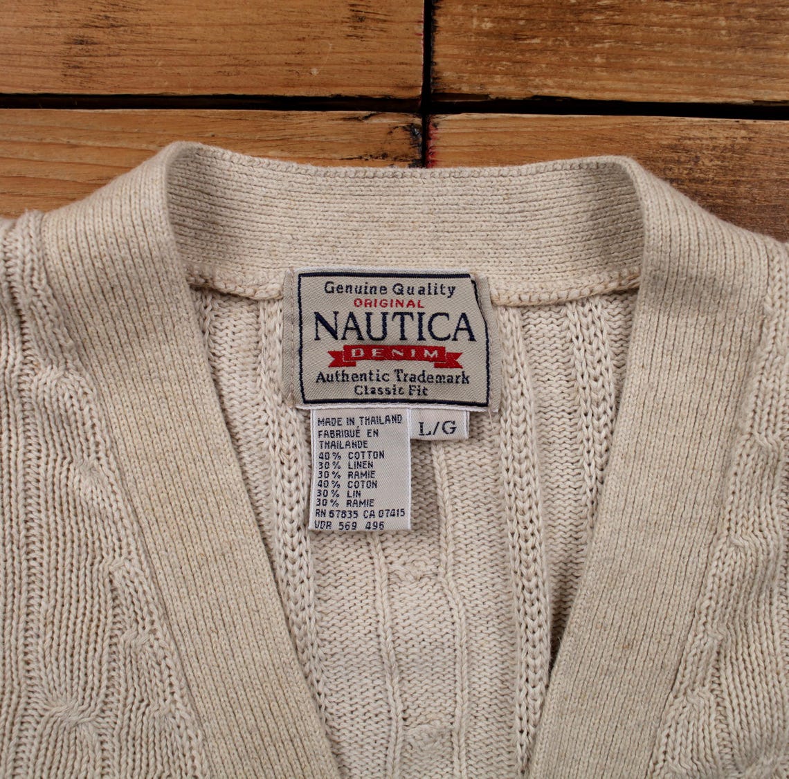 Vintage Nautica Cardigan L Mens 90s Cotton Blend V-neck Cable Knit Jumper, foto 3 di 5