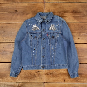 Vintage Levi&#39;s Denim Jacket L 80s Trucker Embellished USA Made Blue Womens