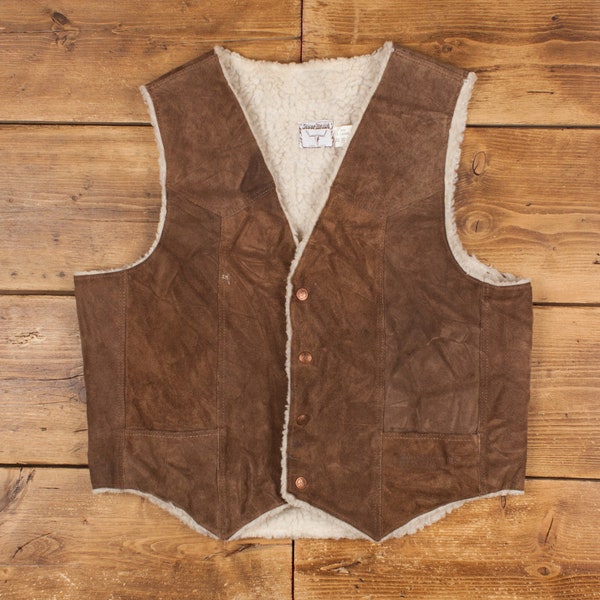 Vintage Steer Brand Suede Jacket XL 80s Vest Sherpa Lined USA Made Brown Snap