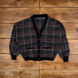 Vintage Pendleton Jumper Sweater L 90s USA Made Plaid V-Neck Wool Grey