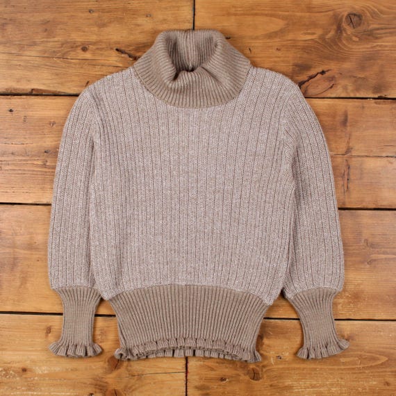 AMI, Vintage Ami Sweater Jumper S Womens 90s Acrylic Ribbed Turtleneck 6/7 Beige Knit