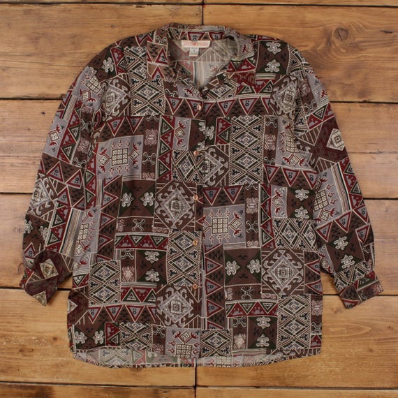 Vintage Silk Ncounter Casual Shirt Button M 90s Abstract Mens Long Sleeve