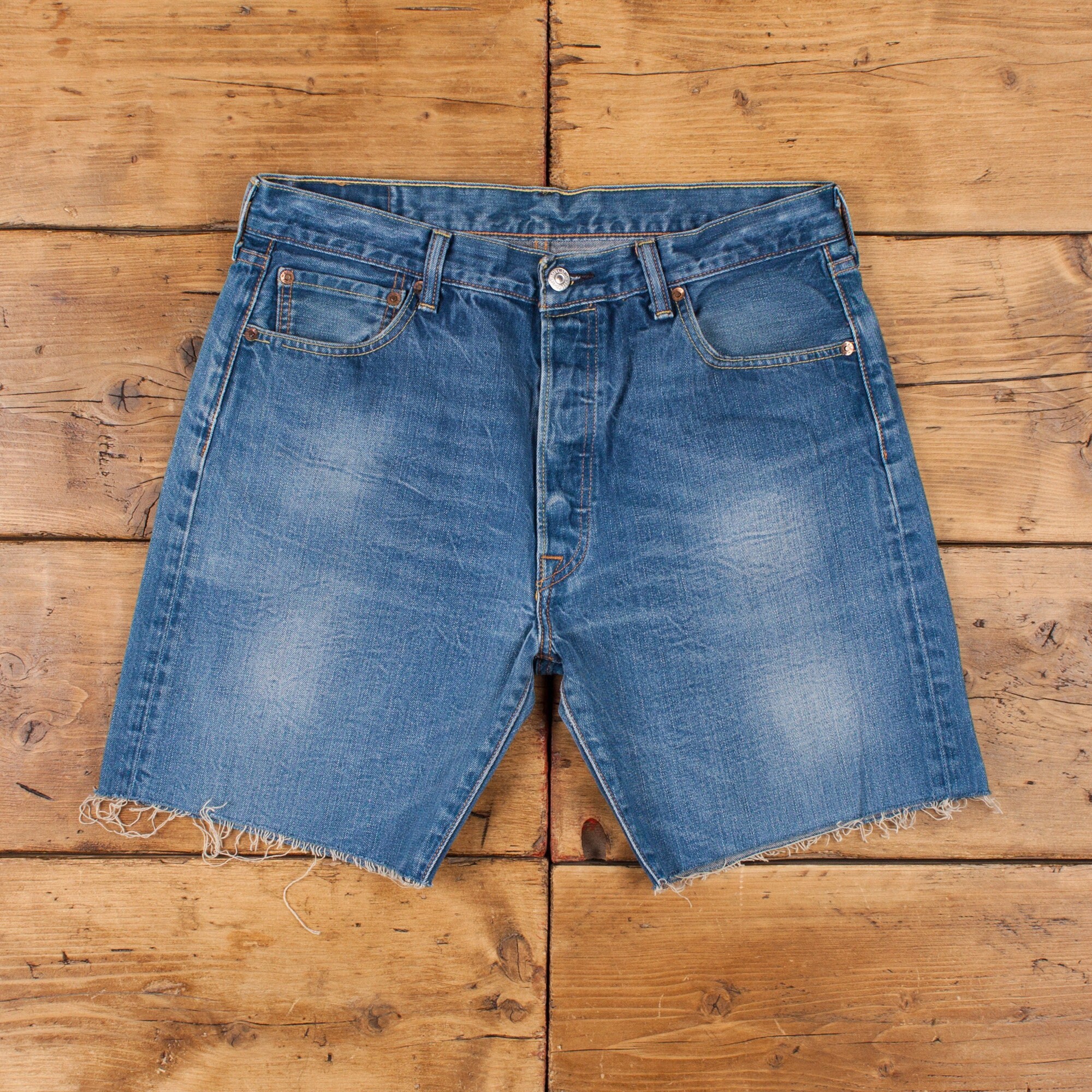 Vintage Levis Denim Shorts 33 Raw Hem 501 Red Tab Stonewash Blue Jean R31664