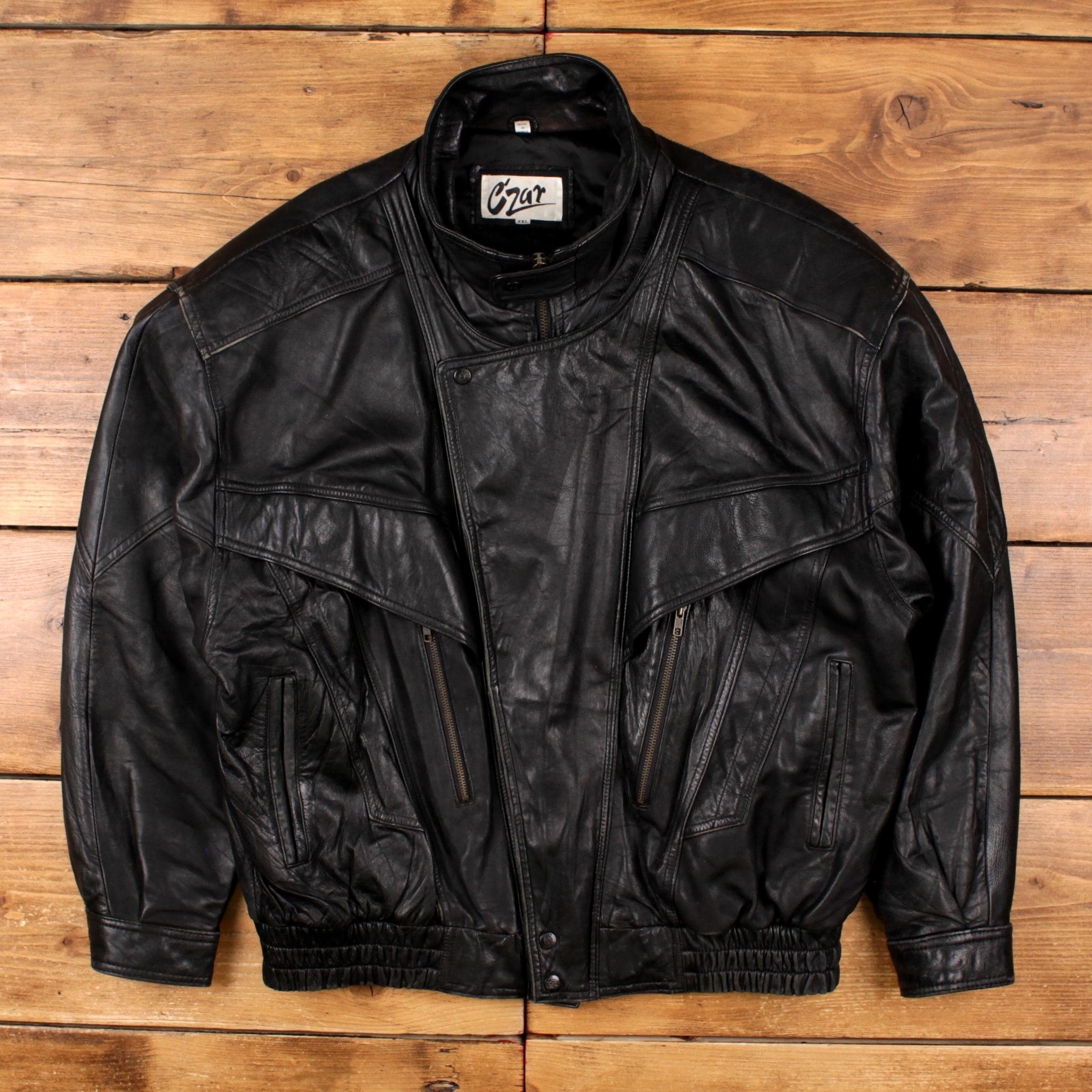 Vintage C'zar Bomber Jacket 2XL Mens 80s Black Leather Lined Biker
